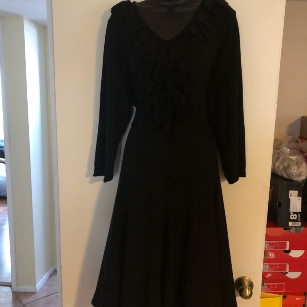 Black Ruffle Detail V-Neck Dress